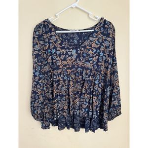 Lucky Brand Blue Floral Long Sleeve Peasant BOHO Blouse Womens LARGE Flowy
